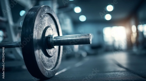 Fototapeta Close-up View of a Heavy Barbell Weight Plate Resting on a Bench Press in a Modern, Blurry Professional Gym Setting