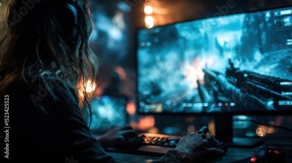 Obraz A woman is playing a video game on a computer