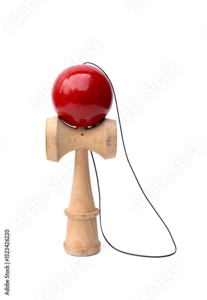 Fototapeta Vintage Old toys that have been played with there are traces damage of play. Cup and ball game Kendama traditional wooden japanese skill toy isolated on white background.
