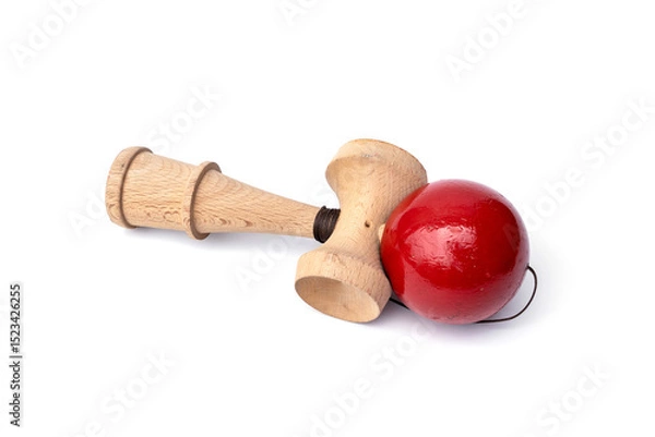 Fototapeta Vintage Old toys that have been played with there are traces damage of play. Cup and ball game Kendama traditional wooden japanese skill toy isolated on white background.
