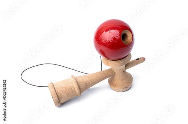 Fototapeta Vintage Old toys that have been played with there are traces damage of play. Cup and ball game Kendama traditional wooden japanese skill toy isolated on white background.