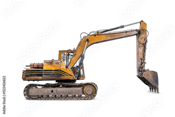 Fototapeta Old excavator or backhoe full of traces wear and tear and rust from use many years isolated on white background.