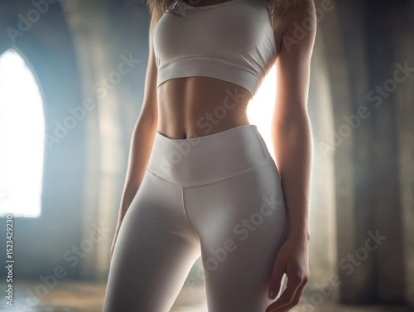 Obraz A woman is sitting on the floor wearing a white tank top and white pants