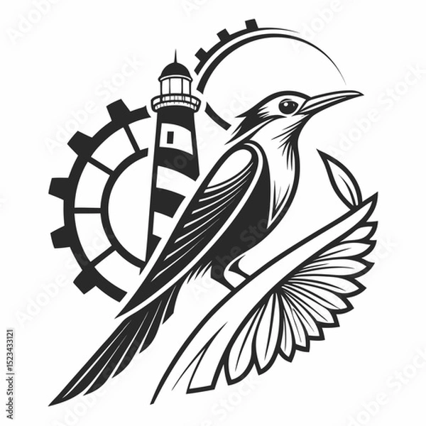 Fototapeta Bird perched on branch with lighthouse and gear background
