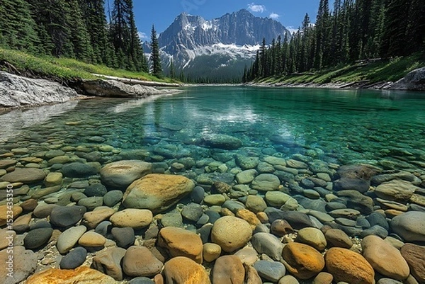 Fototapeta Clear turquoise lake reveals colorful river stones with mountainous and forested scenic backdrop