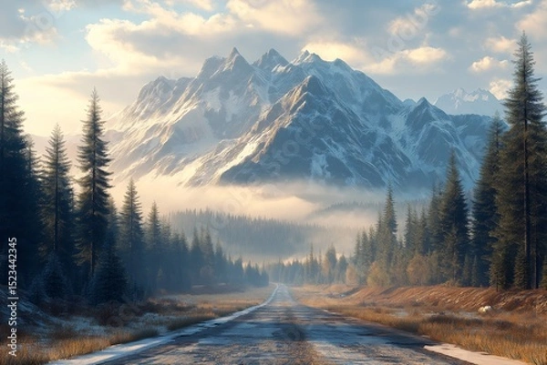 Fototapeta Stunning Autumn Mountain Scenery. Epic View of Misty Highlands and Rocky Peaks with Sunlight Rays in Scenic Route Adventure Travel