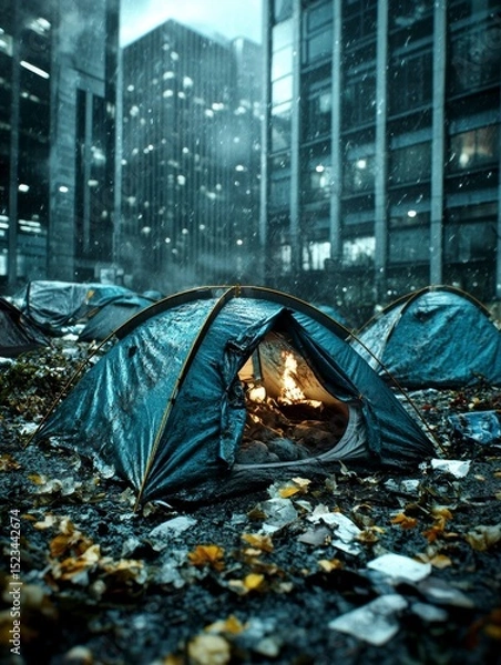 Obraz Urban Hardship Firelight in a City Tent Camp