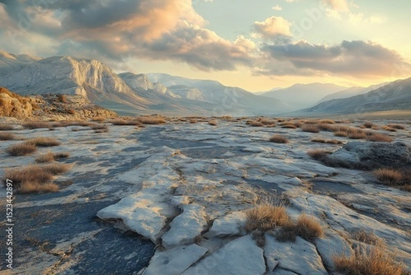 Fototapeta Scenic Adventure. Exploring Tranquil Mountain Landscape with Dramatic Sky and Rugged Terrain at Sunset