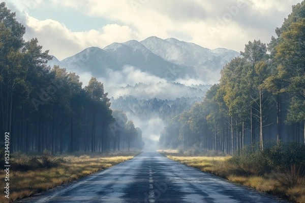 Fototapeta Scenic Highway Through Misty Mountains. A Tranquil Travel Adventure in Nature's Serenity