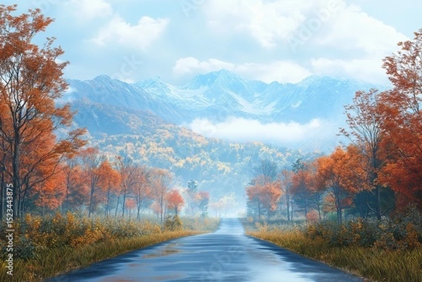 Fototapeta Autumn Road in Scenic Mountain Landscape with Colorful Trees and Misty Sunset Clouds - Perfect for Tranquil Fall Travel and Outdoor Adventures