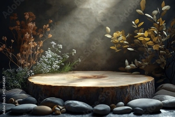 Fototapeta Rustic Charm. Transform Your Space with Wood Slice Dcor in a Tranquil Zen Garden Setting