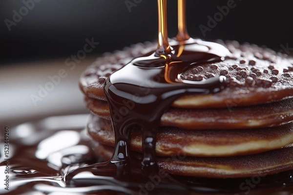 Fototapeta Stacked Pancakes Drizzled with Chocolate Syrup. Delicious Breakfast and Dessert Option