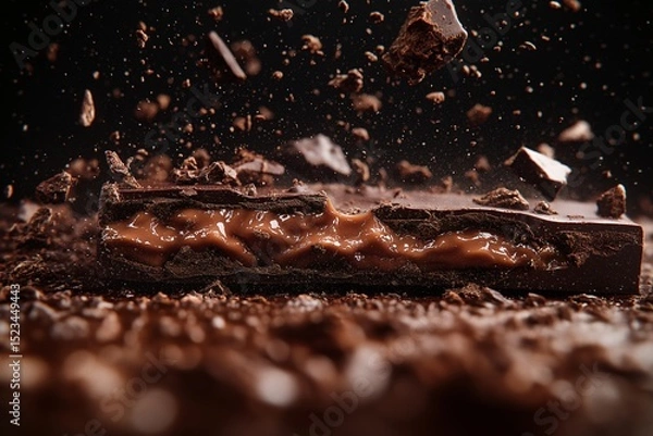 Fototapeta Indulgent Chocolate Bar Candy Explosion Close-Up. Sweet Dessert with Caramel Sprinkles and Crushed Cocoa - Professional Fine Food Photography