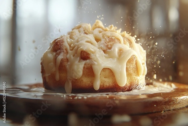 Fototapeta Freshly Baked Cinnamon Roll with Creamy Icing and Nuts. A Tempting Dessert and Delicacy