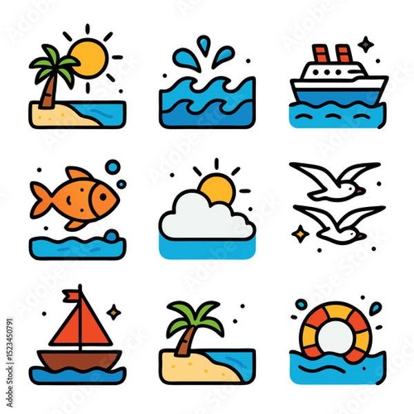 Obraz Sea day icons depict nine summer icons for your design projects.