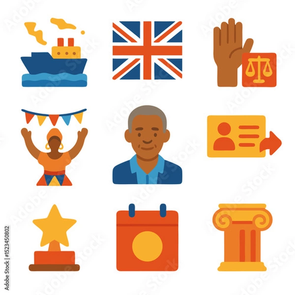 Obraz Windrush day icons a set of icons with a british flag depicting the windrush generation.