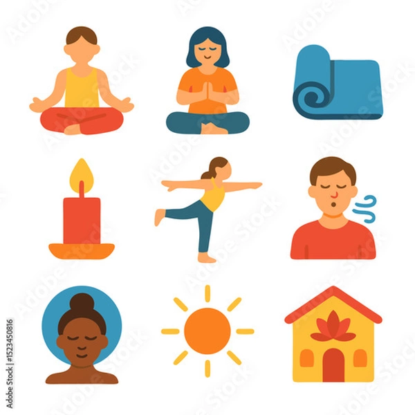 Obraz Yoga icons decorate a mat, lit candle, and practicing yogis. Perfect for wellness websites, yoga studios, meditation guides, and fitness articles.