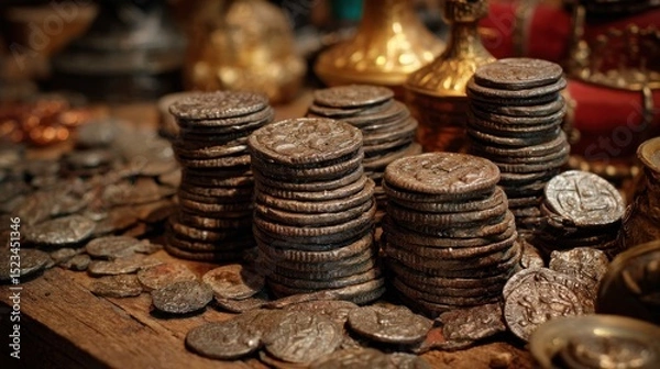 Fototapeta Antique coins stacked on wooden table
