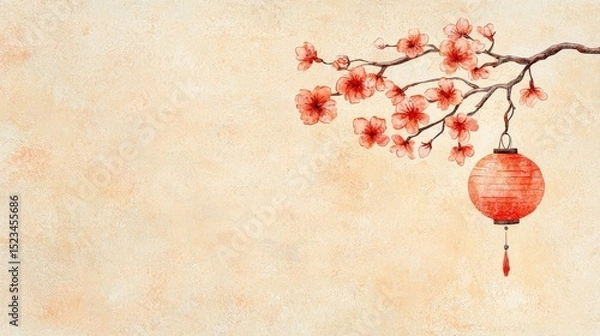 Obraz Cherry Blossoms and Lanterns: A delicate watercolor illustration of cherry blossoms and a traditional lantern against a textured background, depicting peace and harmony. 