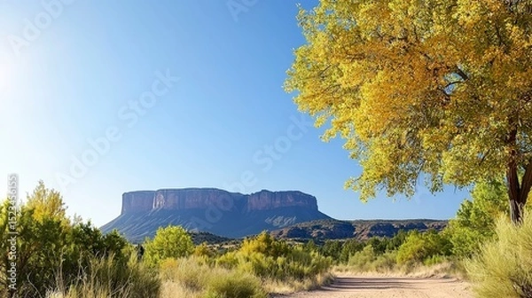 Obraz Scenic Mountain Vista: A breathtaking vista unfolds as a majestic mountain range rises in the distance, framed by a vibrant tree, a dirt path beckons to the top.