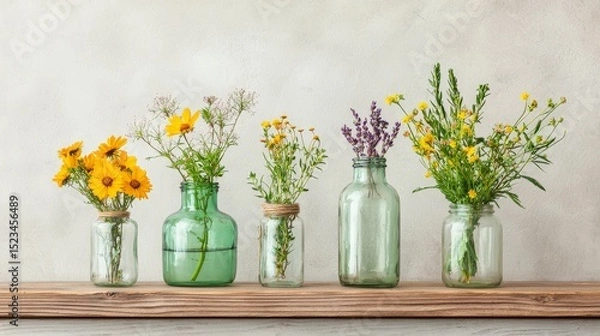 Obraz Wildflower Collection in Glass Bottles: A rustic wooden shelf displays a charming collection of wildflowers arranged in various vintage glass bottles, showcasing a palette of summery yellows.