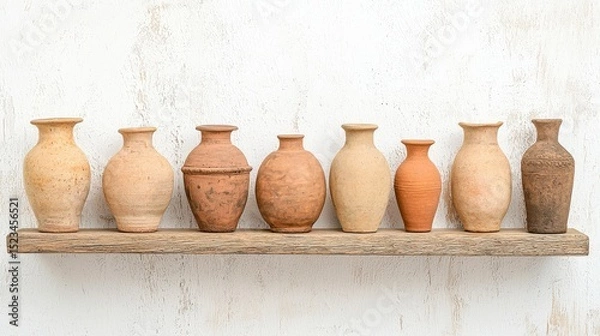 Fototapeta Ancient Pots on a Shelf: An eye-level shot reveals a row of aged clay pots gracefully aligned on a rustic wooden shelf, mounted against a subtly textured backdrop. Capturing a sense of history.