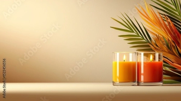 Obraz Candlelight Ambiance: Two vibrant candles in glass holders and tropical leaves create a serene, warm ambiance with soft light, perfect for relaxation and a sense of peace.