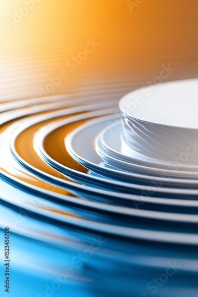Obraz Stacked Plates: Elegant stacks of white ceramic plates create a mesmerizing concentric pattern, enhanced by a smooth gradient background, perfect for showcasing pristine tableware design.
