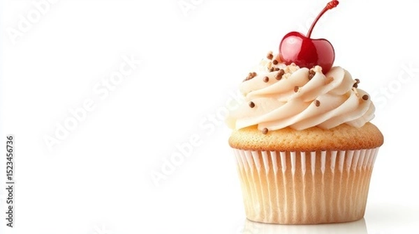 Obraz Vanilla Cupcake with Cherry: A delightful vanilla cupcake, topped with creamy frosting and a glistening cherry, sits on a white background.