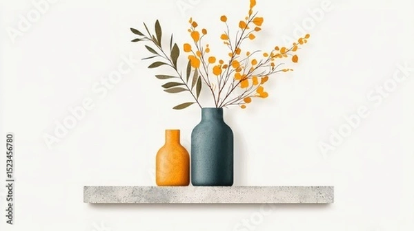 Obraz Botanical Elegance: A stylish display of orange and green bottles, arranged on a simple grey shelf, capturing the freshness and serenity of natural elements, in a minimalist setting.