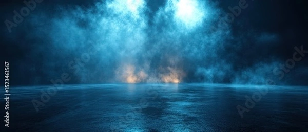 Fototapeta Dark street, wet asphalt, reflections of rays in the water. Abstract dark blue background, smoke, smog. Empty dark scene, neon light, spotlights. Concrete