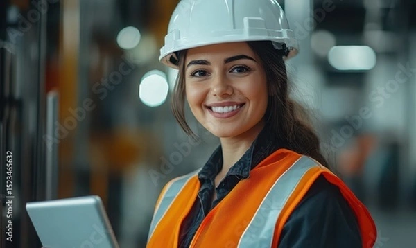 Fototapeta Smiling Portrait of a Beautiful Latin Female Industrial Engineer in White Hard Hat, High-Visibility Vest Working on Tablet Computer. Inspector or Safety Supervisor in Container Terminal