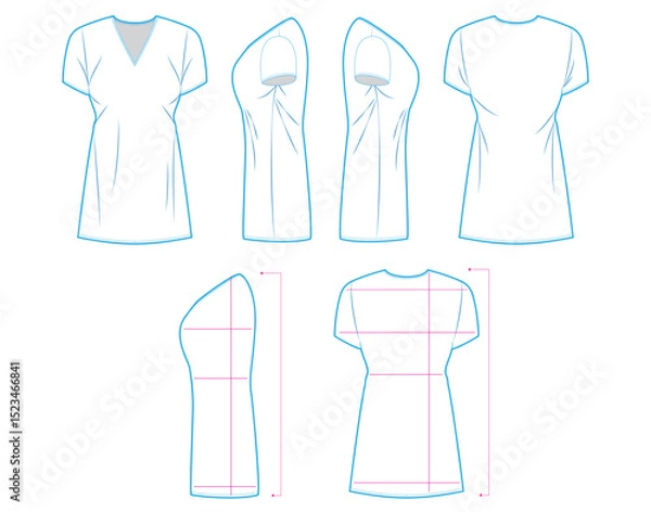 Fototapeta Clothes or T-Shirt Measurement Guide Template – Front, Back, Side Views with Sizing Lines for Online Shopping