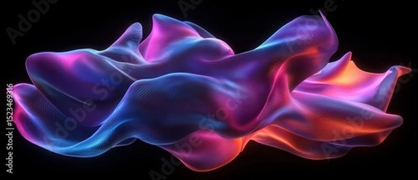 Fototapeta A dynamic 3D rendering of an abstract fluid holographic wave in neon hues, set against a dark backdrop. a gradient design suitable for banners, backgrounds. Abstract dark holographic iridescent neon