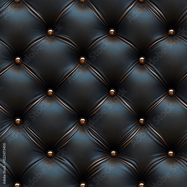 Fototapeta Seamless, sleek black leather capitone upholstery with deep button tufting and gleaming gold buttons, creating a refined and sophisticated texture perfect for luxurious backgrounds and modern design