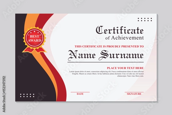 Fototapeta Certificate of achievement modern red and yellow wave design, certificate of achievement template. vector illustration.