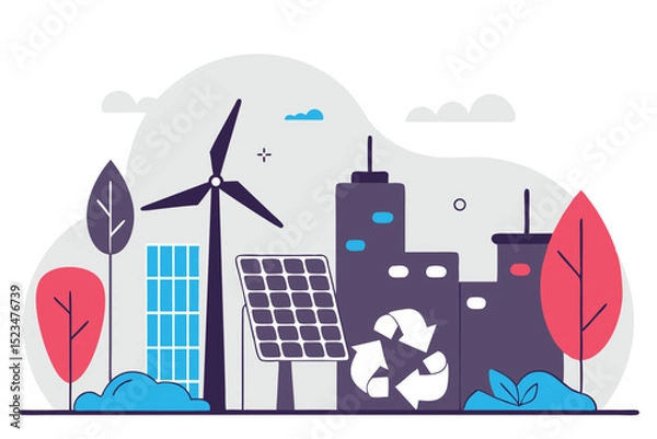 Obraz Illustrated Clean Energy Cityscape with Wind Turbine, Solar Panels, and Recycling Symbol for Sustainability