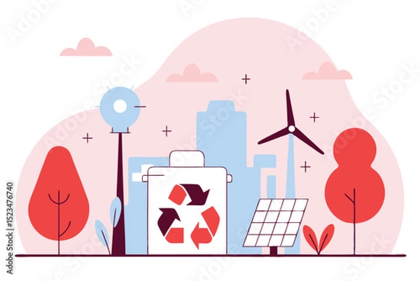 Obraz Illustrated Landscape with Recycle Bin, Solar Panel, Wind Turbine, Trees, and City Buildings in Background