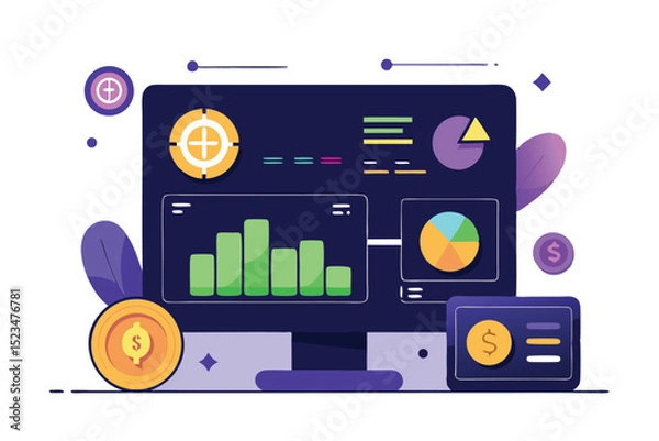 Obraz Illustration of a Computer Screen Displaying Data Charts, Financial Symbols, and Currency Coins