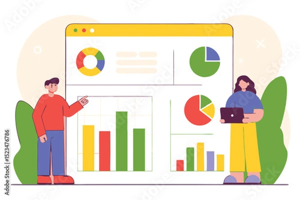 Obraz Illustration of Data Analytics Presentation with Bar Graphs, Pie Charts, and Two People