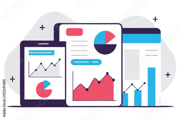 Obraz Mobile Devices Displaying Business Data, Analytical Charts, Including Line, Pie, and Bar Graphs