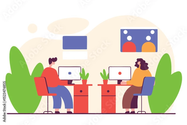 Obraz Illustration of Man and Woman Working on Computers, Video Conference, Desktop Plants, Desk Furniture