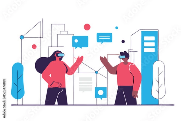 Fototapeta People Using VR Headsets in an Abstract Environment with Floating Icons and Geometric Shapes