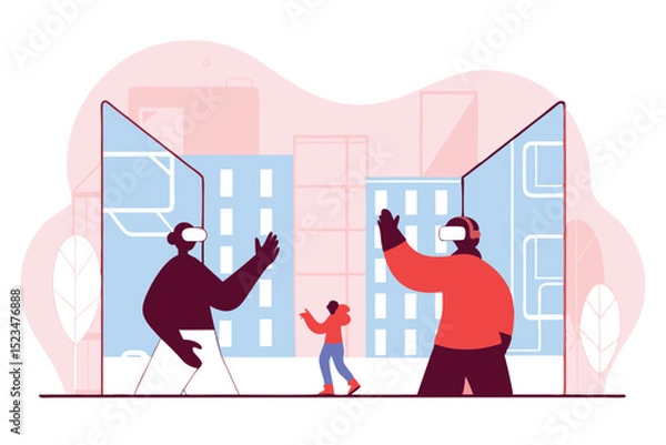 Obraz People Using VR Headsets Interacting with Virtual City While Child Watches, Abstract Art