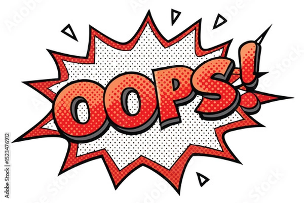 Fototapeta Red Comic Book OOPS! Text with Explosion, Dots, and Triangles on White Background