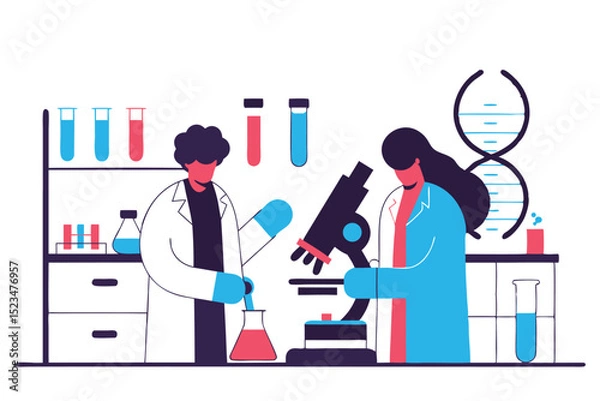 Obraz Scientists in Lab with Microscope, Flasks, Test Tubes, and DNA Helix Illustration