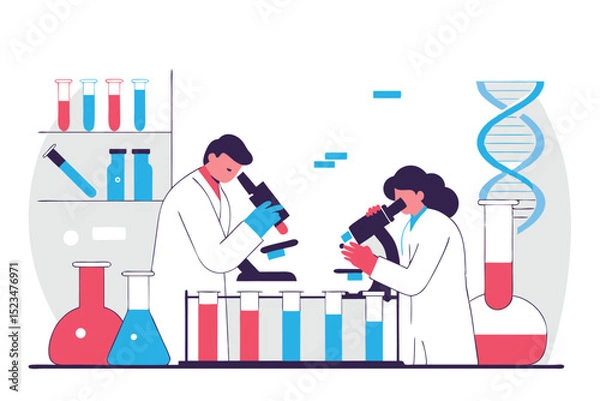 Fototapeta Scientists Researching with Microscopes in Lab DNA Model, Test Tubes, and Flasks Visible