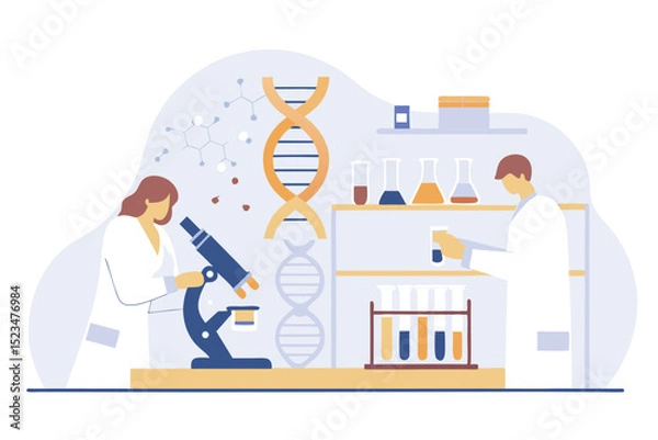 Obraz Scientists Working in a Lab with Microscope, DNA Model, Test Tubes, and Various Scientific Equipment
