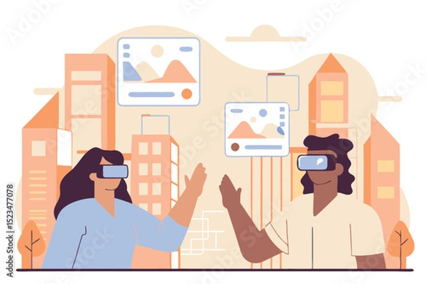 Obraz Two people wearing VR glasses, interacting with virtual landscapes in a stylized city illustration