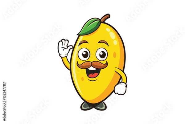 Obraz Waving Mango Mascot Cartoon Character with Mustache and Bowtie on White Background